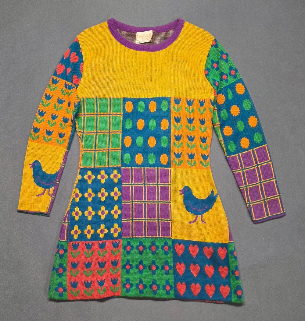 Vintage Saks Fifth Hippie Colorful Playful Knit Mini Dress Colorblock 70s 80s M